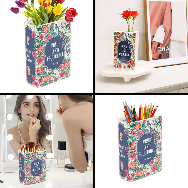 Book-Shaped Vase Ceramic Bookshelf Decor for Flowers & Book Lovers-Orchid