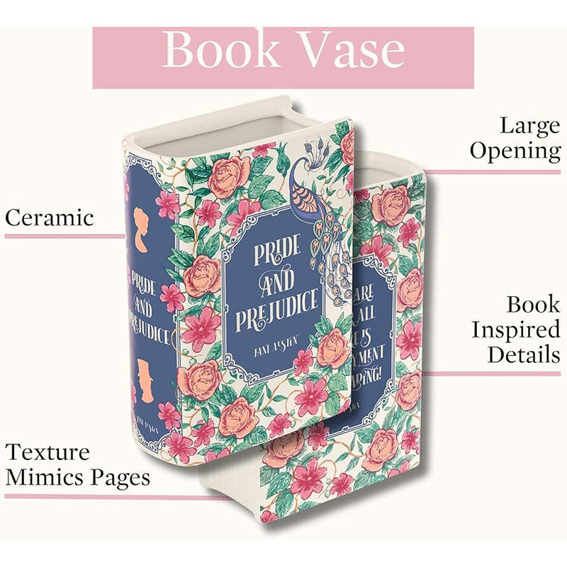 Book-Shaped Vase Ceramic Bookshelf Decor for Flowers & Book Lovers-Orchid