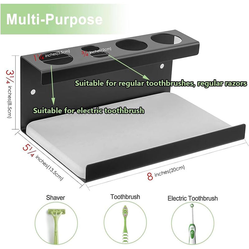Electric Toothbrush Holder Self Adhesive 4 Slots with Diatomite Dish-Black