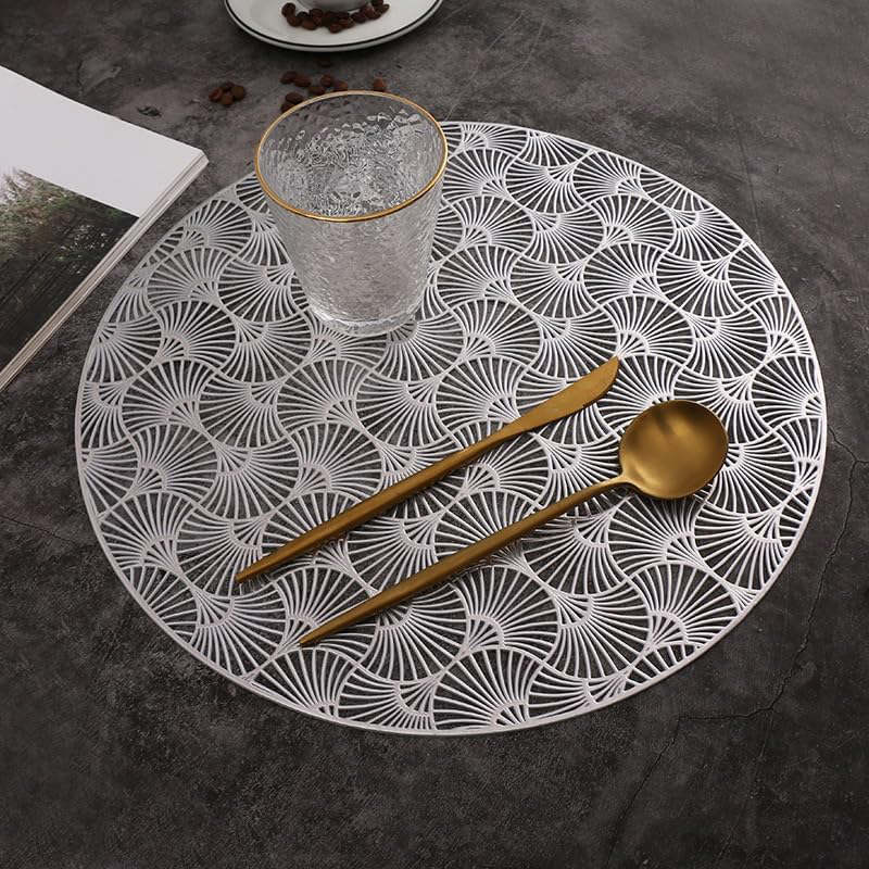6 Pcs Placemats Round Ginkgo PVC Hollowed-Out for Party Wedding-Silver