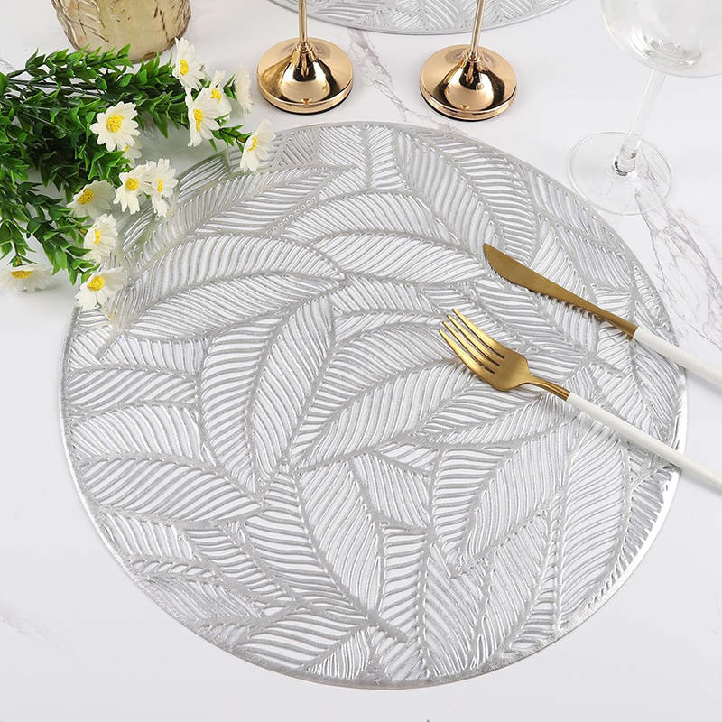 6 Pcs Placemats Round Leaf PVC Hollowed-Out for Party Wedding-Silver