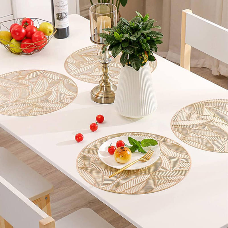 6 Pcs Placemats Round Leaf PVC Hollowed-Out for Party Wedding-Gold
