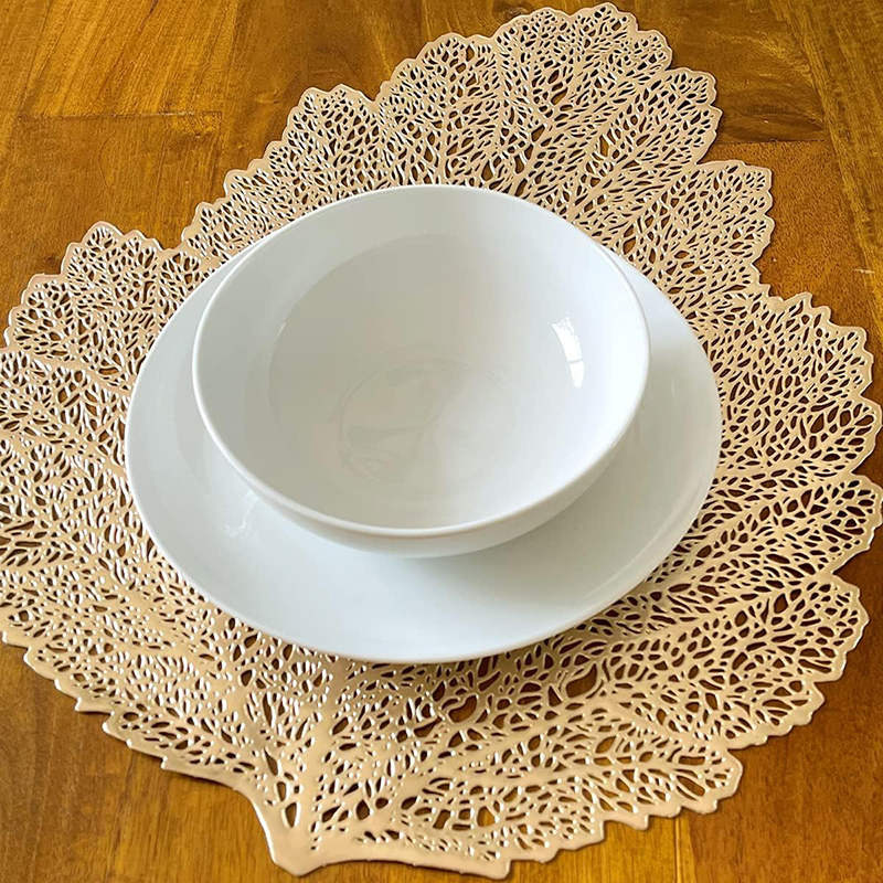 6 Pcs Placemats Leaf Shaped PVC Hollowed-Out for Party Wedding-Gold