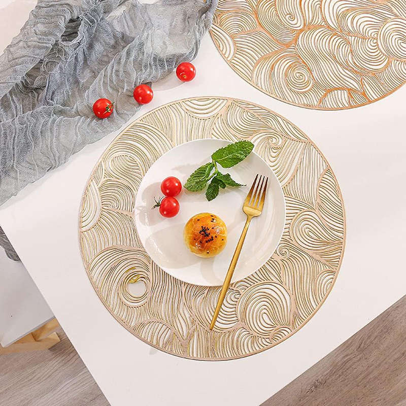 6 Pcs Placemats Round Cloud PVC Hollowed-Out for Party Wedding-Gold