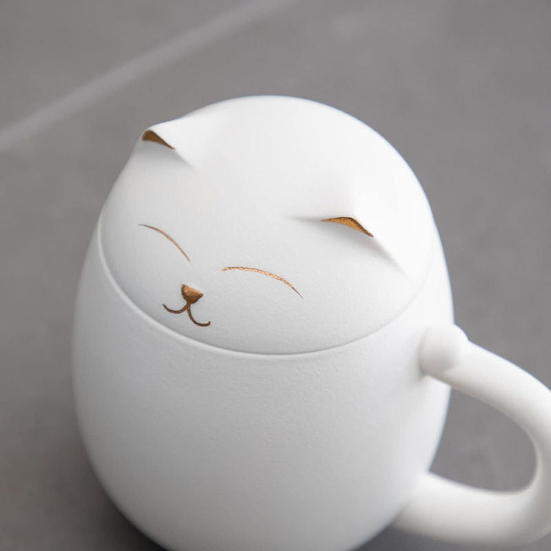 Ceramic Tea Mug 350ML with Infuser and Lid Cute Cat Cup for Home Office-White