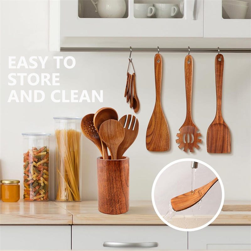 11Pcs Wooden Cooking Utensils Set Wooden Spoons for Cooking with Holder and Spoon Rest