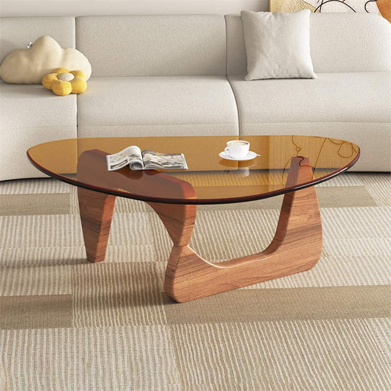 Triangle Glass Coffee Table with Solid Wood Base for Living Room-Tea B