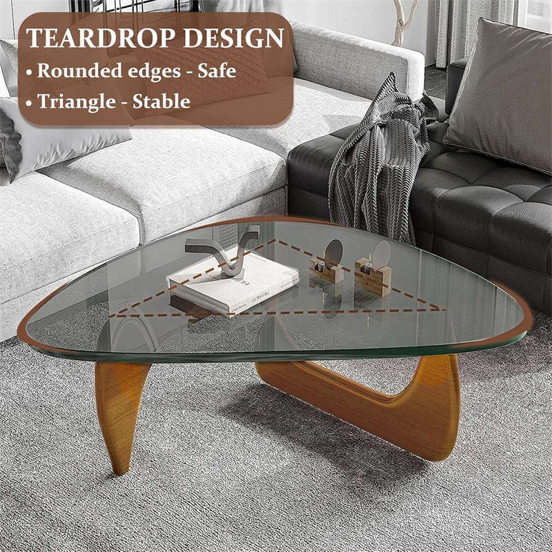 Triangle Glass Coffee Table with Solid Wood Base for Living Room-Grey B