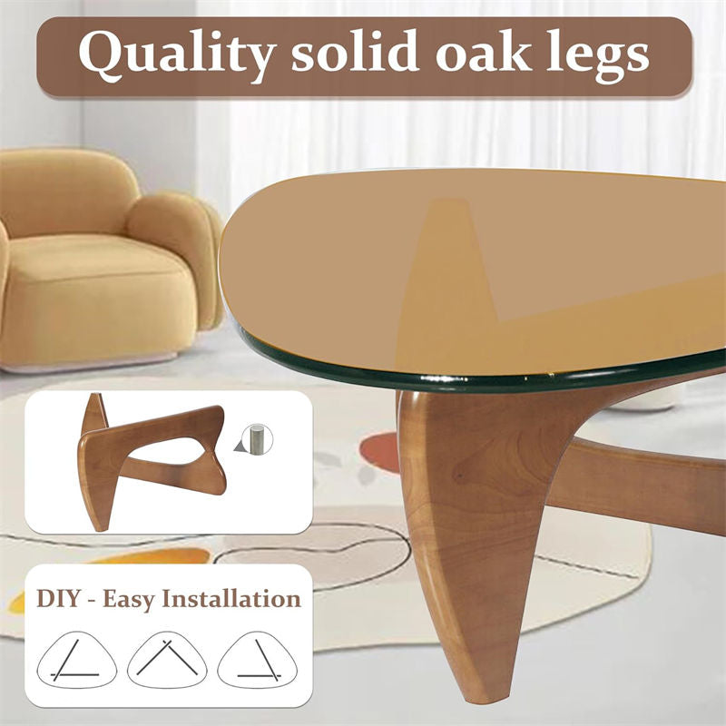 Triangle Glass Coffee Table with Solid Wood Base for Living Room-Tea B