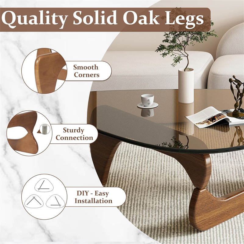 Triangle Glass Coffee Table with Solid Wood Base for Living Room-Tea B