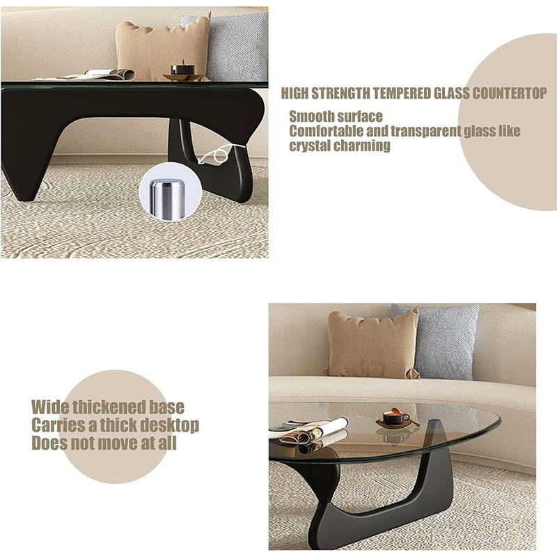 Triangle Glass Coffee Table with Solid Wood Base for Living Room-Tea A