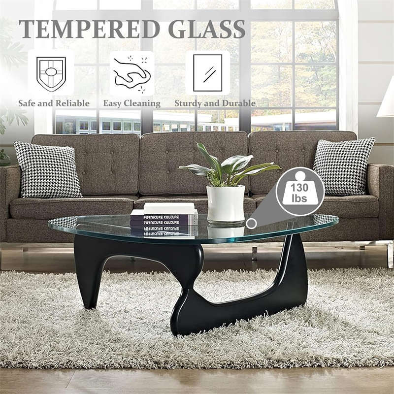 Triangle Glass Coffee Table with Solid Wood Base for Living Room-Clear A