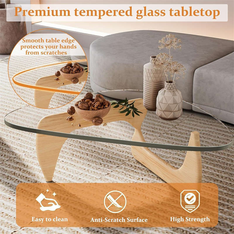 Triangle Glass Coffee Table with Solid Wood Base for Living Room-Clear C