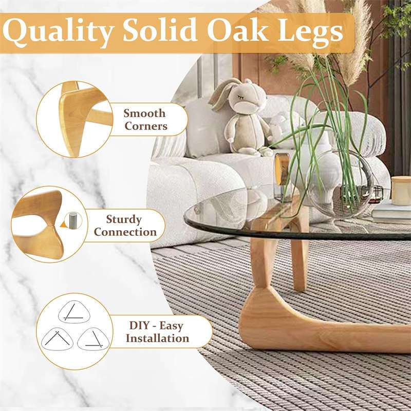 Triangle Glass Coffee Table with Solid Wood Base for Living Room-Clear C