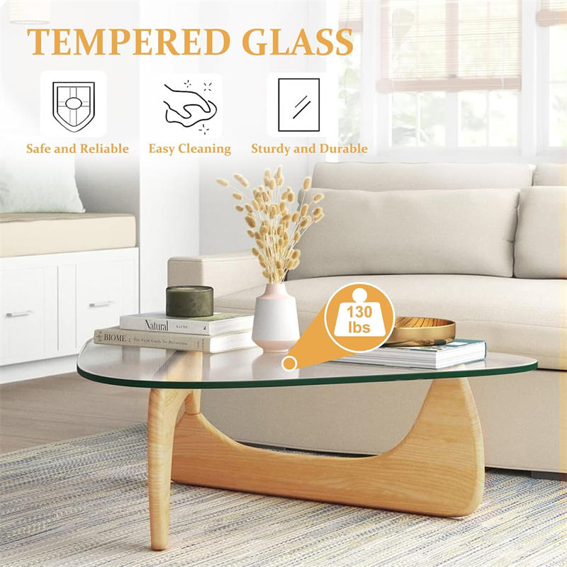 Triangle Glass Coffee Table with Solid Wood Base for Living Room-Clear C