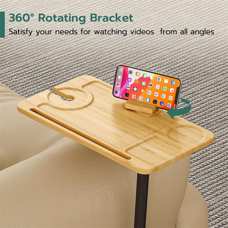 C-Shaped End Table for Couch Arm with 360° Rotating Phone Holder