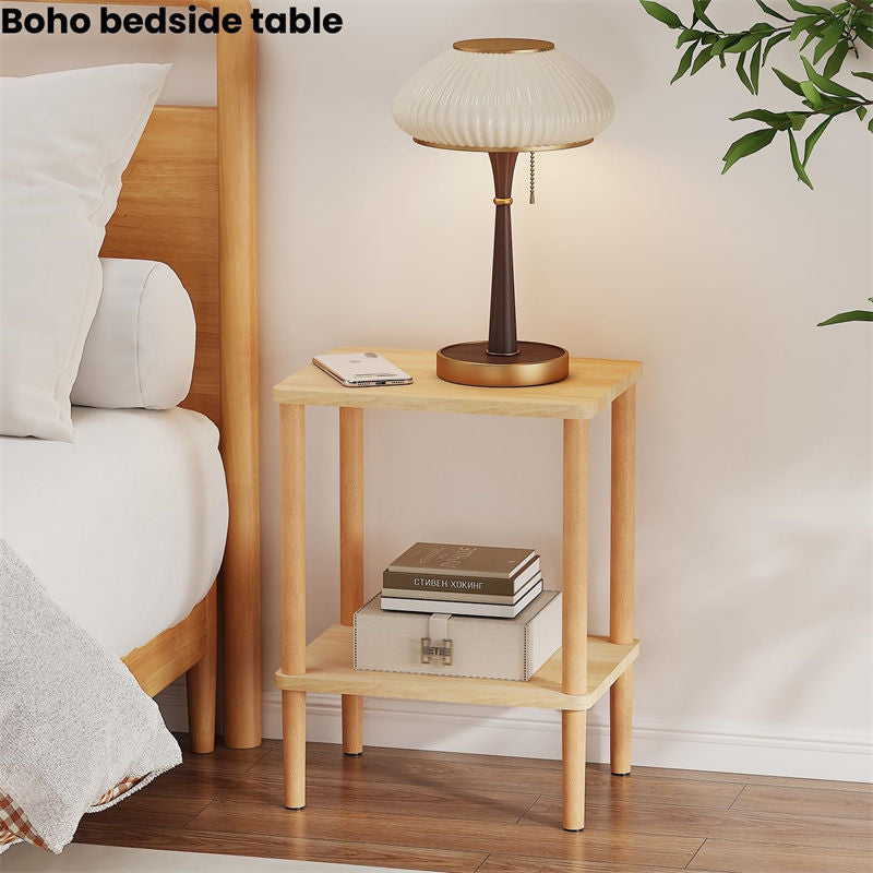 Solid Wood Side Table 2-Tier with Storage Shelf for Small Spaces