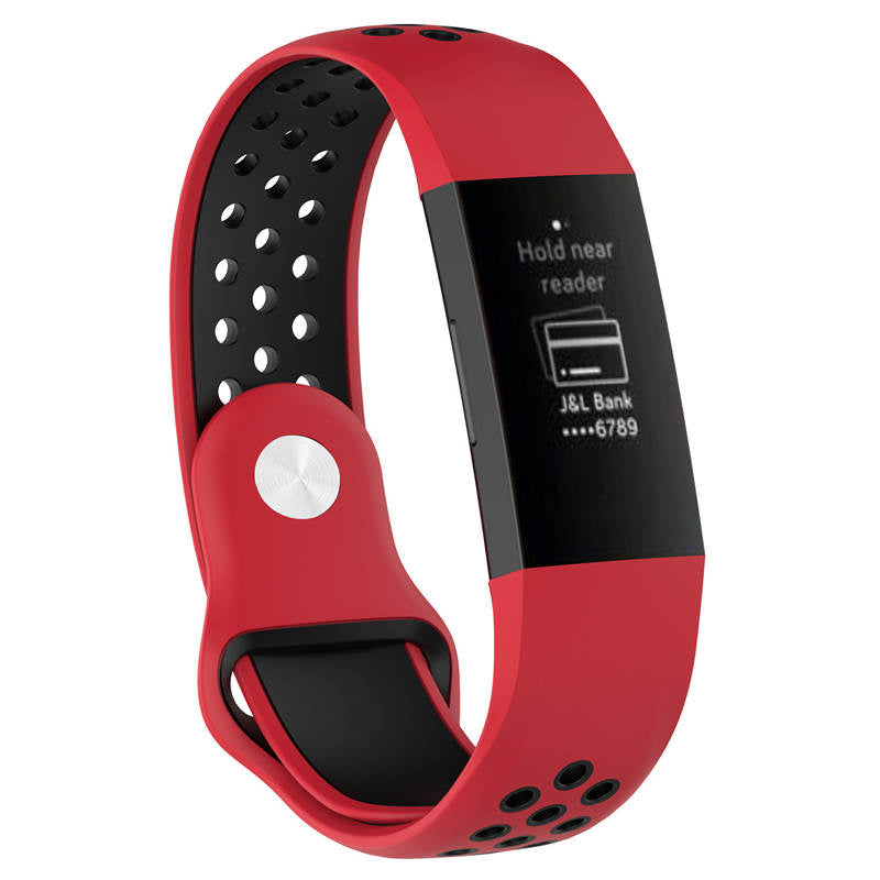 Double Color Porous Breathable Watch Band Silicone Wristband For Fitbit Charge 3 Sport Smartwatch -Red Black