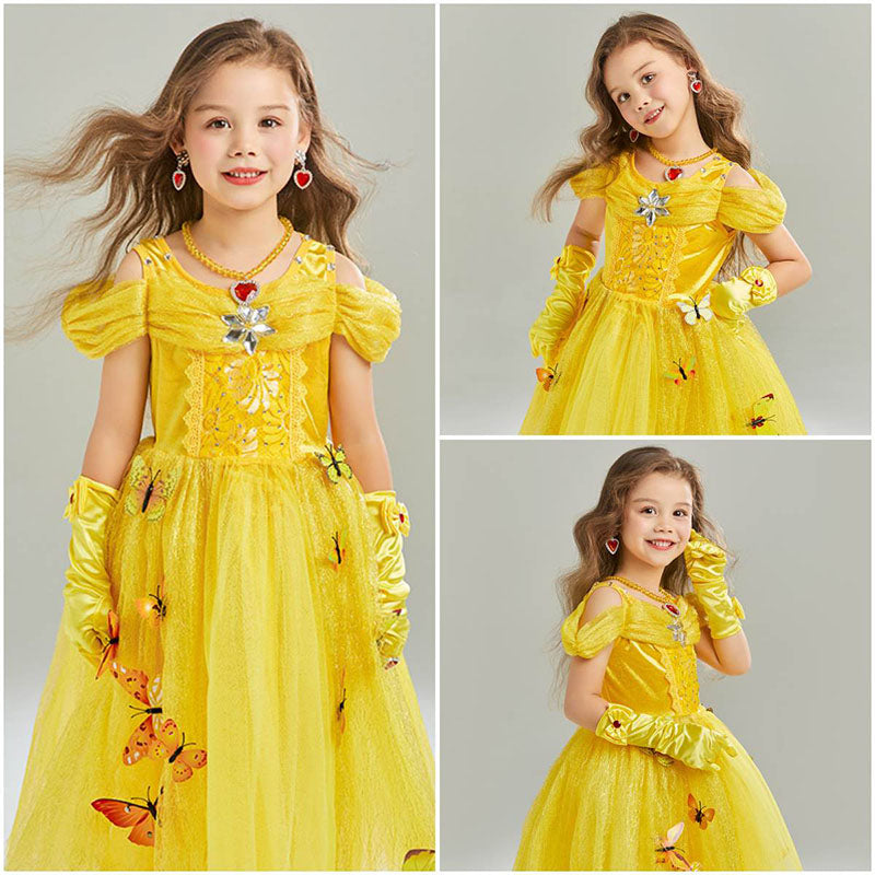 Girls Princess Dress with Accessories Butterflies Tulle Party Gown-Yellow