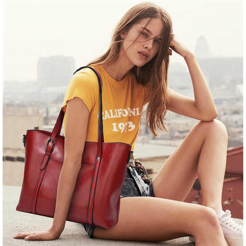Womens Soft PU Leather Tote Bag Large Capacity Shoulder Bag-Wine Red