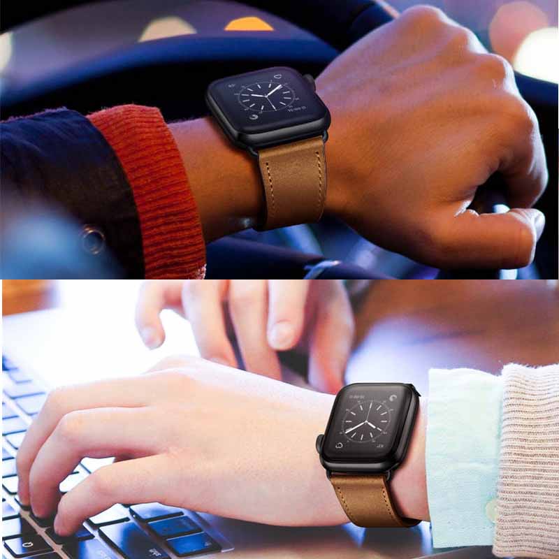 Classic Watchband Cowhide Suitable for iWatch Ultra Series 8 SE 7 6 5 4 3 2 1-Black-RedBrown