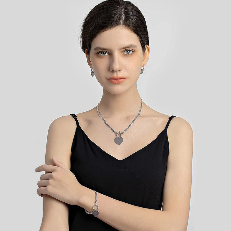 Heart Pendant Necklace Bracelet Earrings 3 Piece Set-Silver