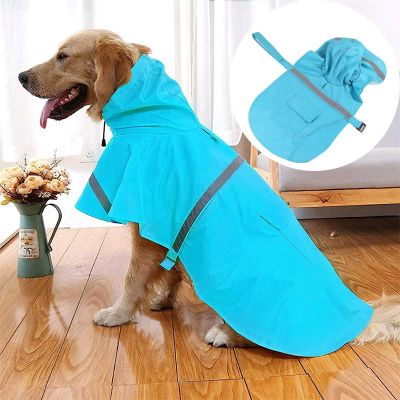 Dog Raincoats Hooded Adjustable Waterproof with Reflective Strip Poncho-LakeBlue