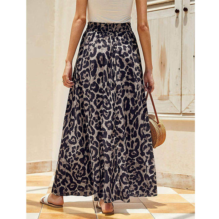 Women's Gold Velvet Fashion Leopard Printing Maxi Skirt High Elastic Shirring Waisted Dress-Dark Gray
