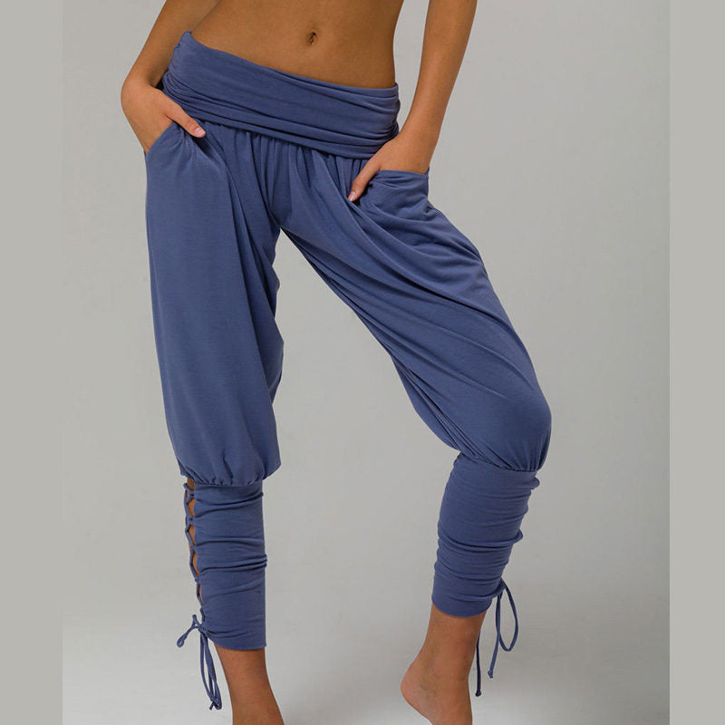 Womens Solid Color High Waist Lace Up Pants Fitness Loose Pants with Pockets-Blue