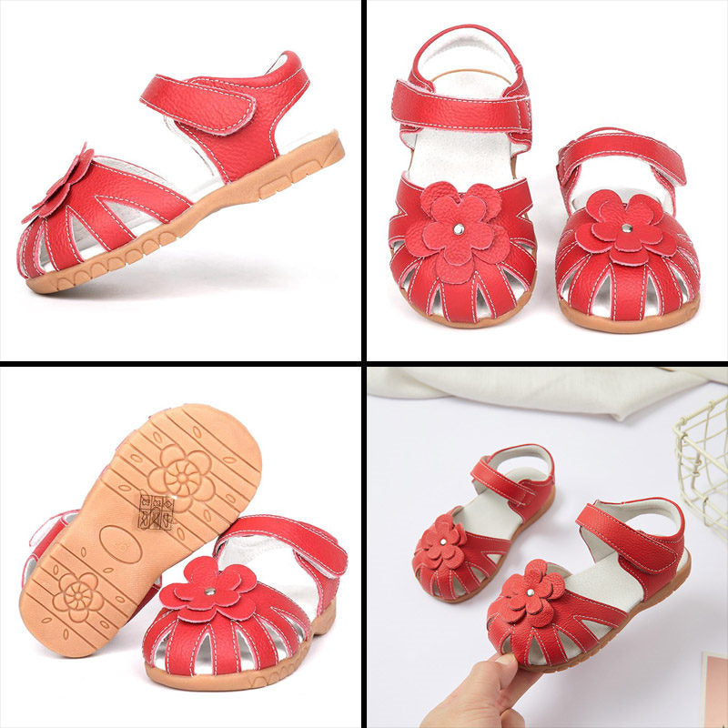 Flat Sandals for Toddler Girls Closed-Toe with Flower Summer Shoes-Red