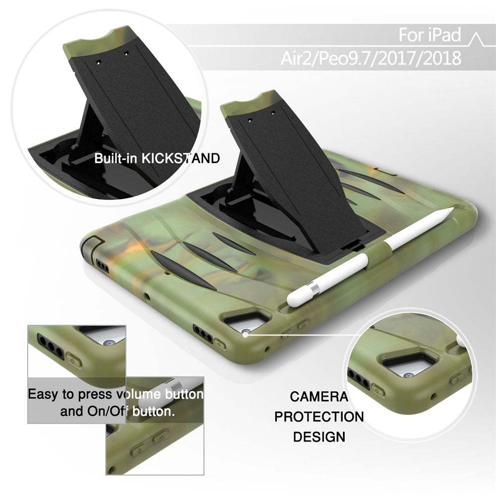 Shock Wave Kickstand Case Anti-Fall Protection With Pencil Holder For 9.7inch iPad 5/iPad 6/iPad Air2/iPad Pro9.7-Camouflage