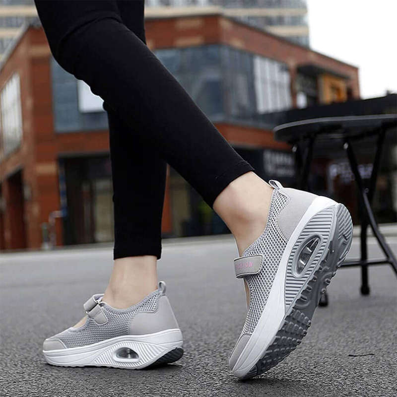 Women Casual Air Cushion Sneakers Velcro Mary Jane Shoes-Gray