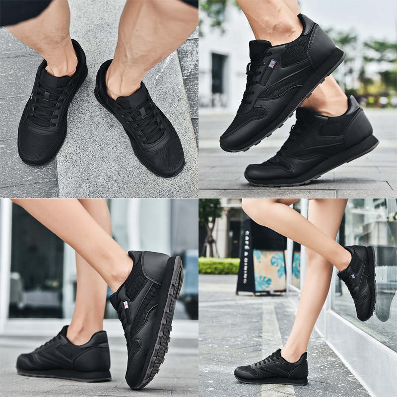 Couples Leather and Mesh Sneakers Lace up Lightweight Cushioned Sport Shoes-Black