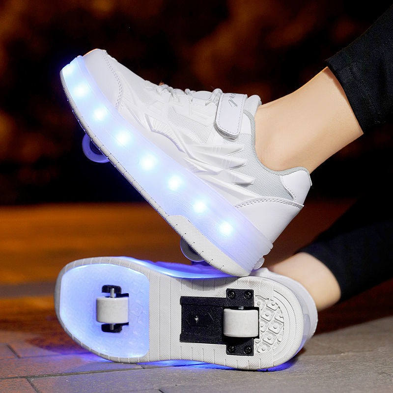 Kids Fashion LED Roller Shoes with Double Wheels for Boys Girls-White
