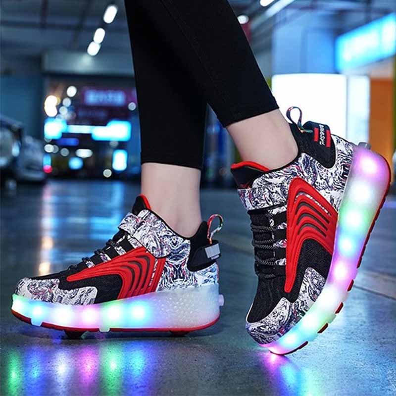 Kids LED Roller Skates Fashion Sneakers with Double Wheel-8088-Black Red