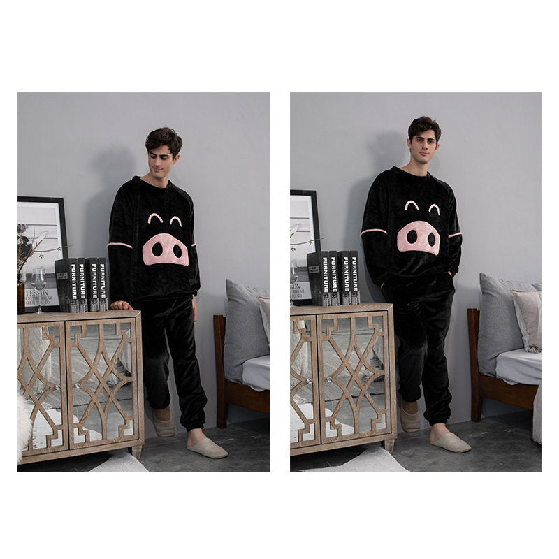 Cartoon Crewneck Pullover Pajamas Set-Black