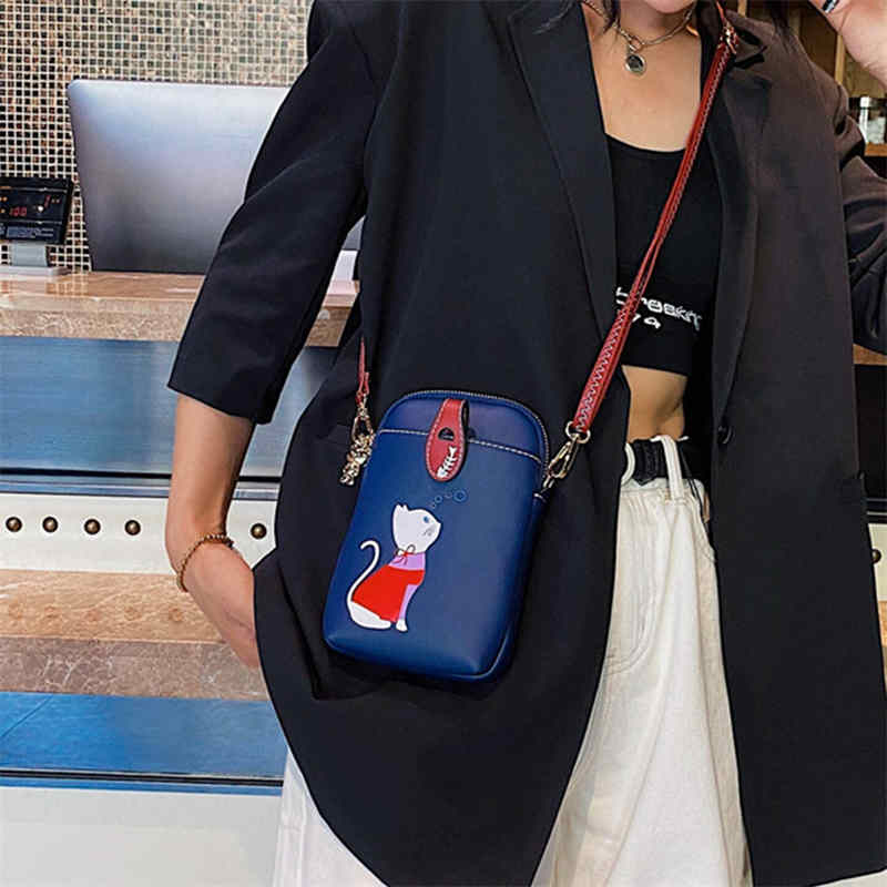 Women PU Crossbody Bag Cute Mobile Wallet-DarkBlue