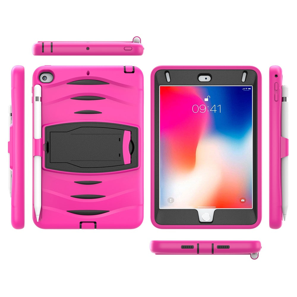 Shock Wave Design Kickstand Case Heavy Duty Rugged Anti-Fall Protection With Pencil Holder For 7.9inch iPad Mini 4/5-Rose Red