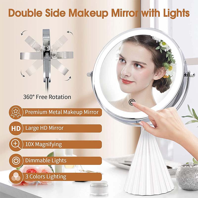 Double Sided Makeup Mirror with 3 Color Lighting 10X Magnifying