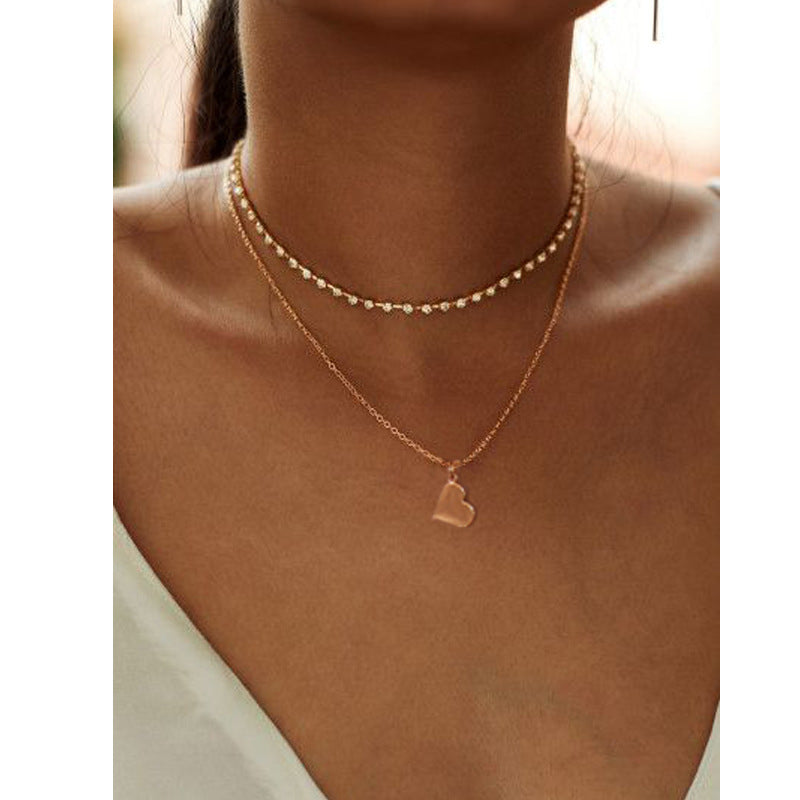 Love Heart Layered Pendant Necklace Simple Beads Choker