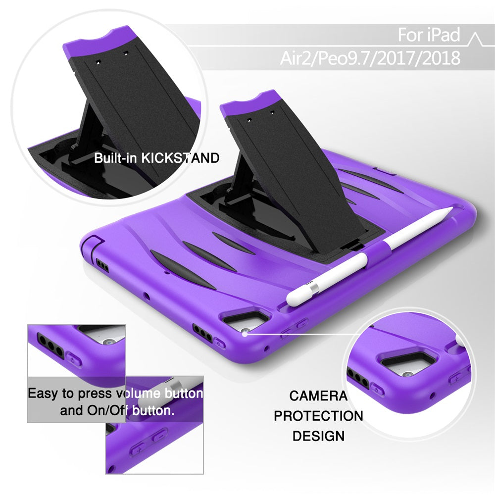 Shock Wave Kickstand Case Anti-Fall Protection With Pencil Holder For 9.7inch iPad 5/iPad 6/iPad Air2/iPad Pro9.7-Purple