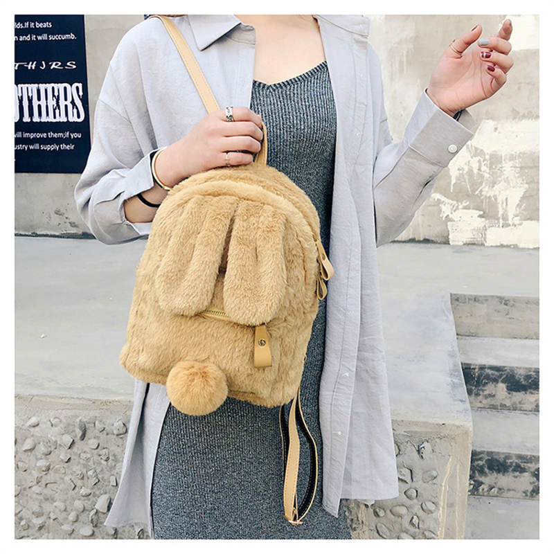 Women Cute Rabbit Ears Backpack Fluffy School Bag Satchel-Yellow