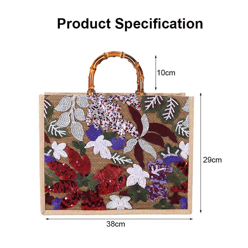 Handbag Bamboo Tote Sequin Straw Woven Bag for Womens-WineRed