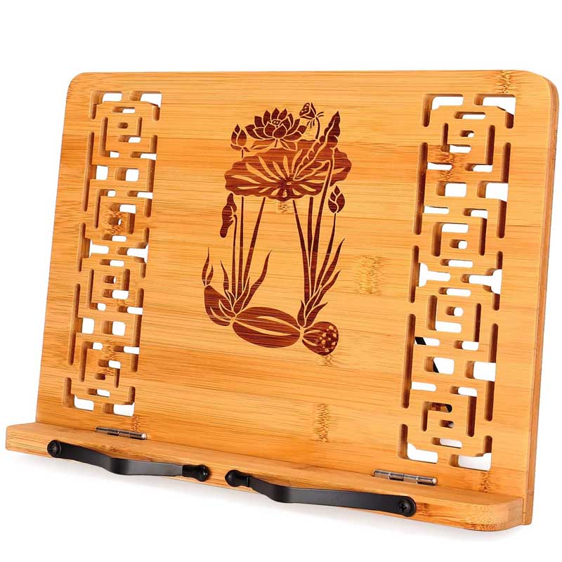 Foldable Book Stand Reading Frame Rest holder Cookbook /Tablet PC textbook/Music Document Stand Desk Bookrest with Retro Hollow -Lotus Plant & Lotus Root