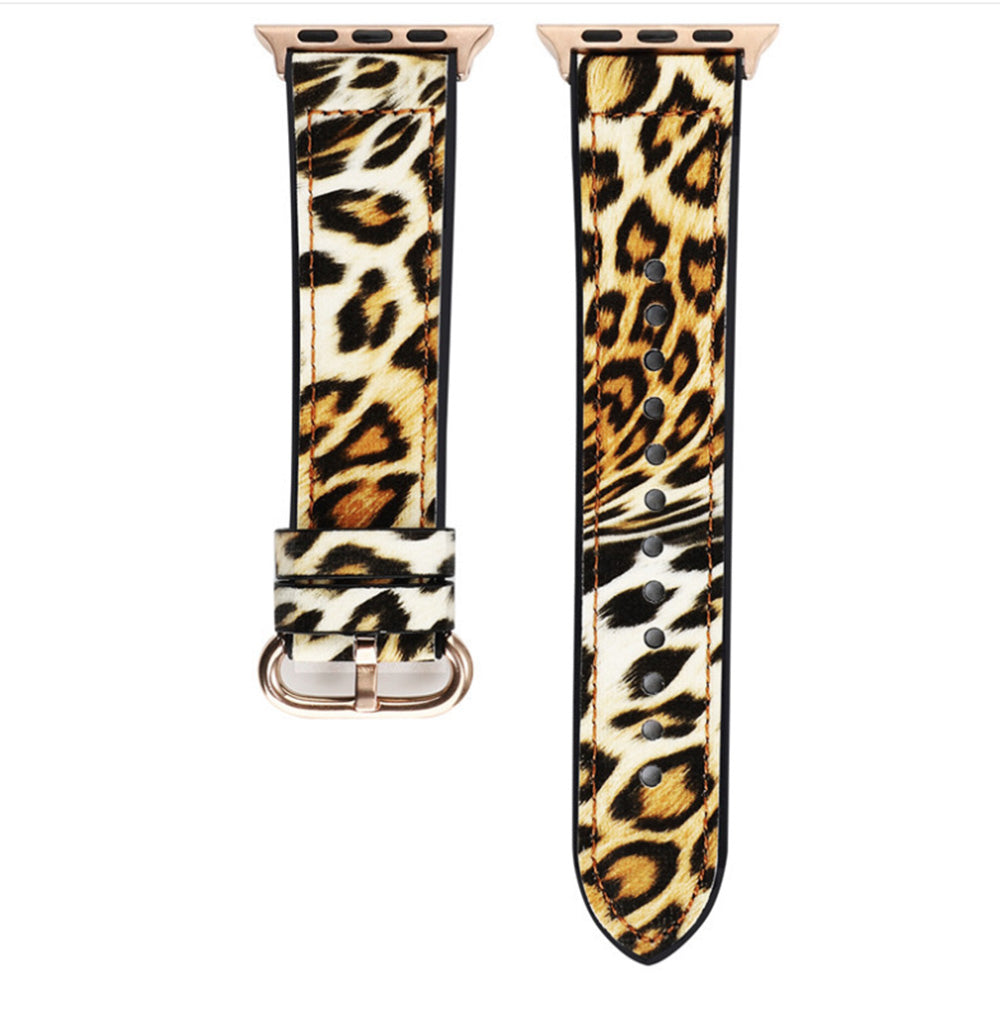 Fluorescent Leopard PU Leather Watch Band Microfiber Design For Apple Watch SE/6/5/4/3/2/1(Glod)