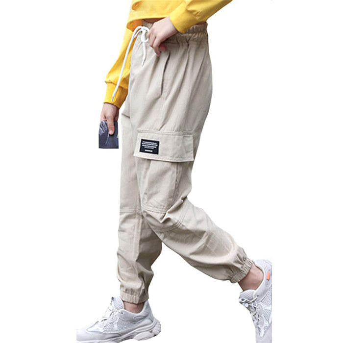 Girls Joggers Long Pants Pockets Outdoor Casual Trousers with Drawstring Multicolor-Khaki