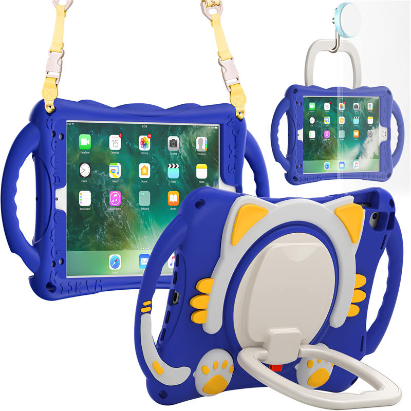 CatB Silicone Case For iPad Pro 9.7 inch Air1/2 Shockproof Shoulder Strap Handle Stand-Dark Blue