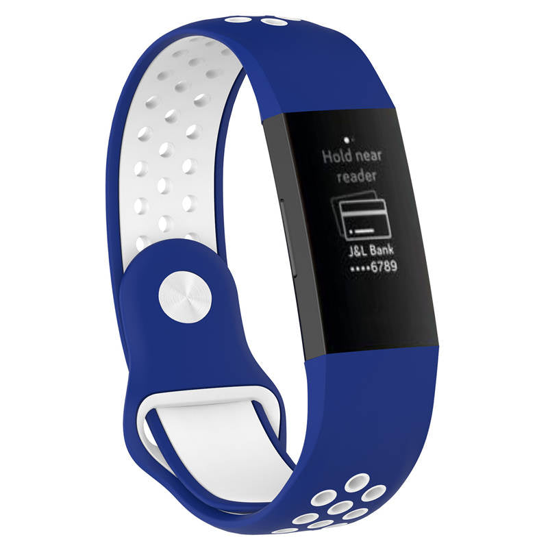 Double Color Porous Breathable Watch Band Silicone Wristband For Fitbit Charge 3 Sport Smartwatch -Blue White