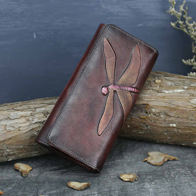 Slim Wallets for Women Embossed Dragonfly Leather Wallet Cellphone Clutch-Brown