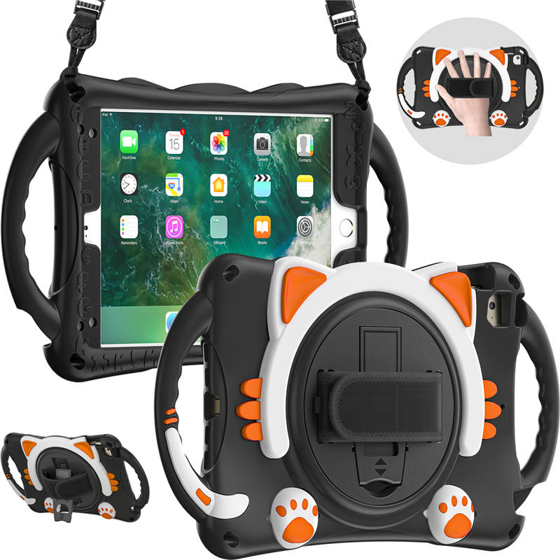 CatA iPad Silicone Case For iPad Mini 5 4 3 2 1 Built-in Handle Stand With a Strap-Black Orange